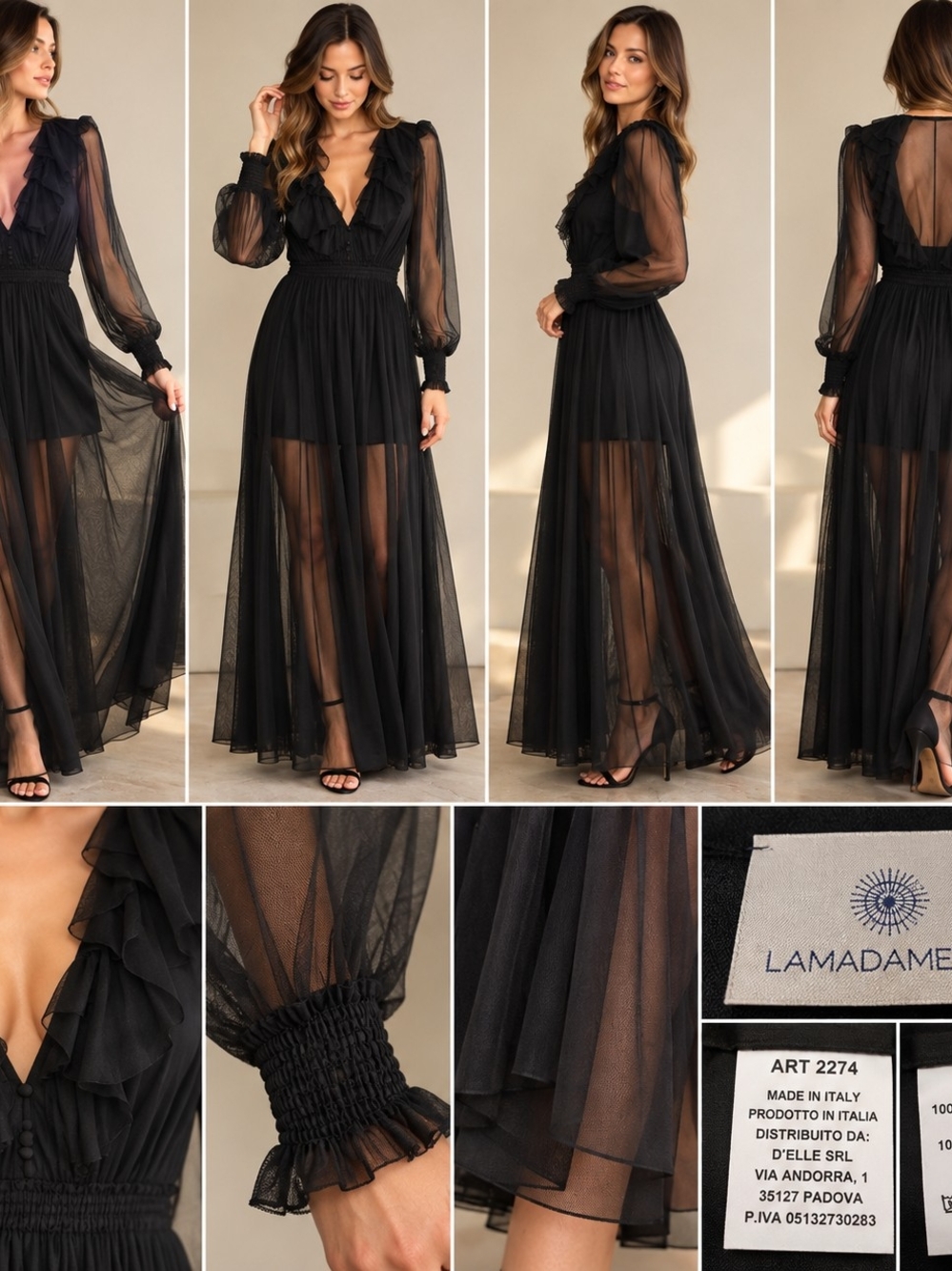 LAMADAMENUIT Black Sheer Maxi Dress – Made in Italy – Size S